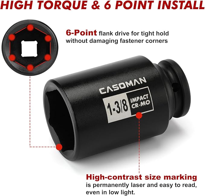 CASOMAN 1/2-Inch Drive Deep Spindle Axle Nut Impact Socket Set, Inch, Cr-Mo, 6-Point, 1-3/8-Inch - 1-3/4-Inch, 7 Piece Axle Socket Set