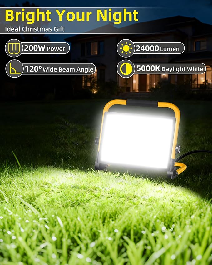 24000LM LED Work Light, 200W Ultra Brighter Flood Light with 16FT Cord Switch, Portable Worklight with Stand, 5000K IP66 Waterproof Outdoor Construction Lighting for Job Site Camping Workshop Garage