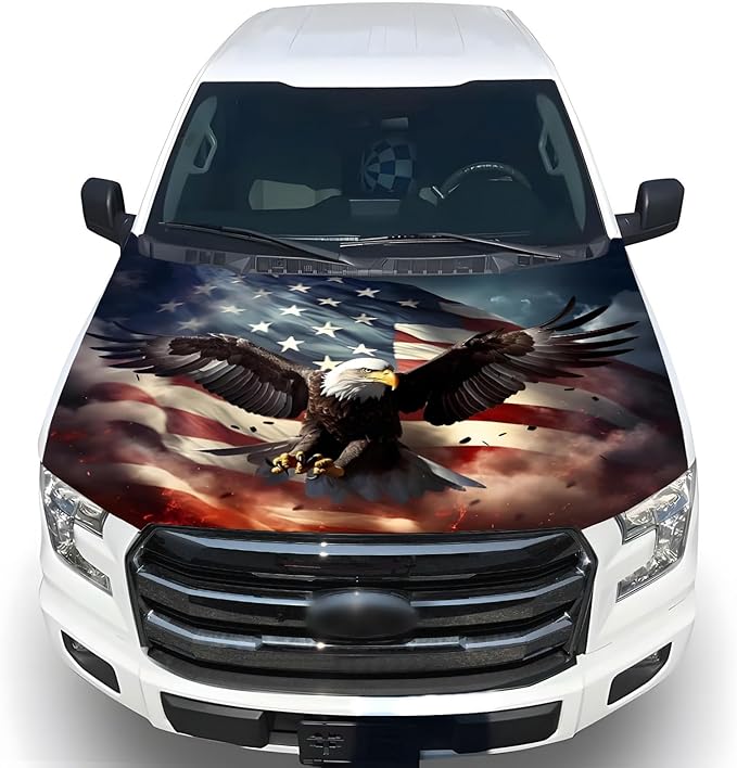 American Car Hood Cover - 59x51 in Car Hood Cover Eagle Flag Bonnet Banner with 2 Adjustable Triangular Fasteners, Universal Fit for Trucks, SUV, Patriotic America Flag Cars Decor