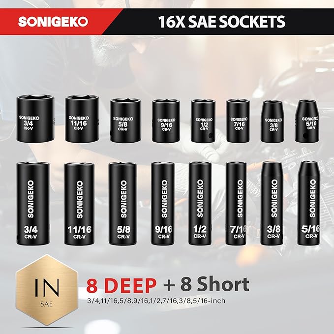 Socket Set 3/8" Drive Impact Socket Set,48-Piece 6 Point Deep,Standard SAE and Metric CR-V Steel Sockets with extension bar (Metric and SAE, 3/8" Socket Set, 48pcs)