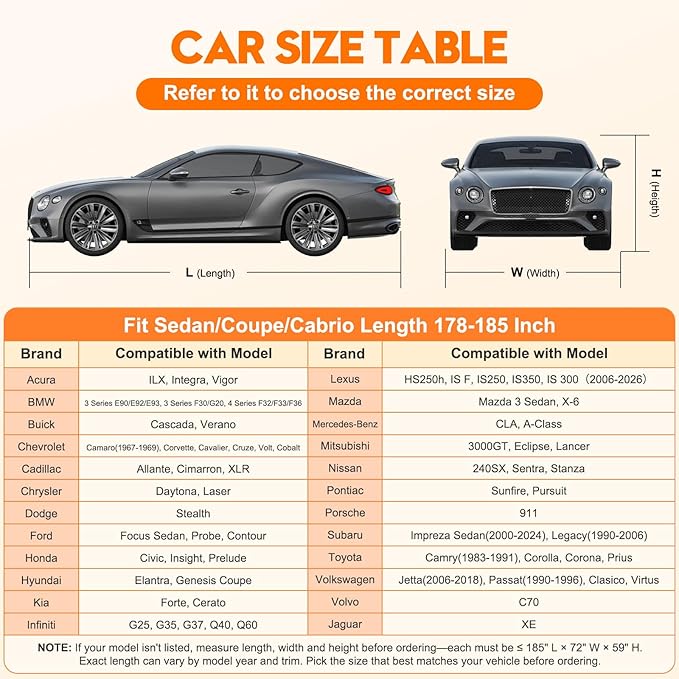 INTISAM Car Cover Waterproof All Weather 5 S Quick Install for Chevrolet/Chevy Corvette, Honda Civic, Toyota Corolla Automobiles Universal Fit Sedan/Coupe/Cabrio Length 178-185 Inch 6-Layer