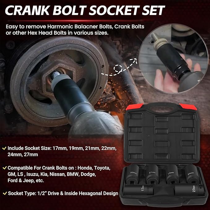 1/2" Drive Crank Bolt Socket Set, 17MM, 19MM, 21MM, 22MM, 24MM 27MM, Harmonic Balancer Socket Set, Deep Counter-Weighted Socket Set, 3 Times Momentum Power of Standard Impact Socket Set