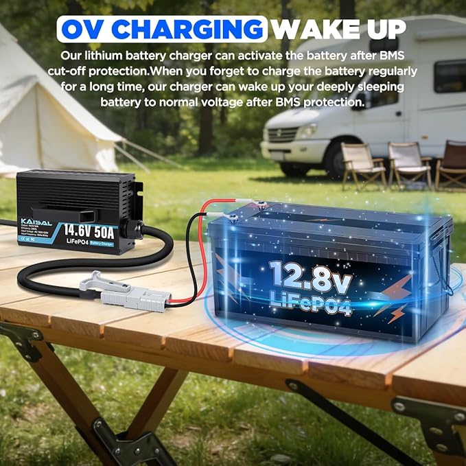 12V 50A Lithium Battery Charger 14.6V 50A Fast LiFePO4 Charger 0V Wake Up 12 Volt Lithium Charger with 8 Protection & 3 Connectors for 12.8V LiFePO4 Battery of RV, Marine, Boat, Solar, Trolling Motor