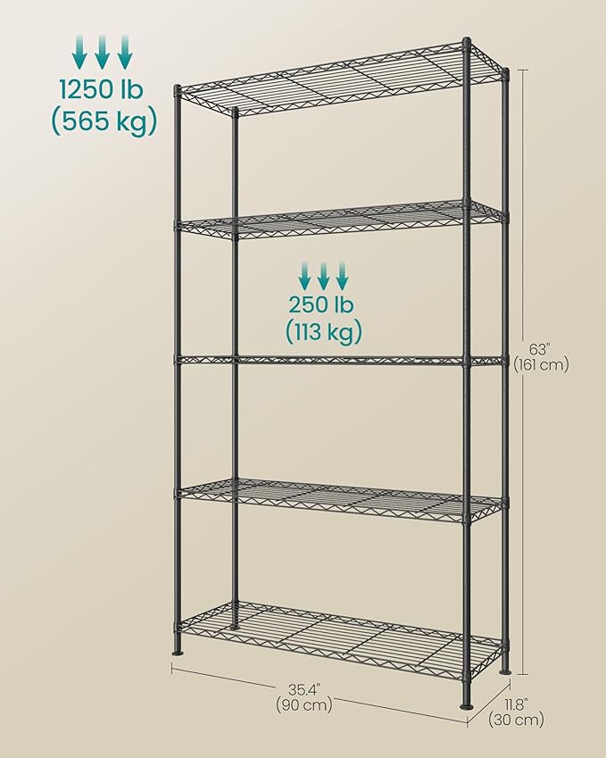 SONGMICS Storage Shelf, Metal Wire Shelving Unit, Adjustable Shelves, for Garage, Bedroom, Living Room, Kitchen, Pantry, 5 Tier, 11.8 x 35.4 x 63 Inches, Ink Black ULGR195BH01S