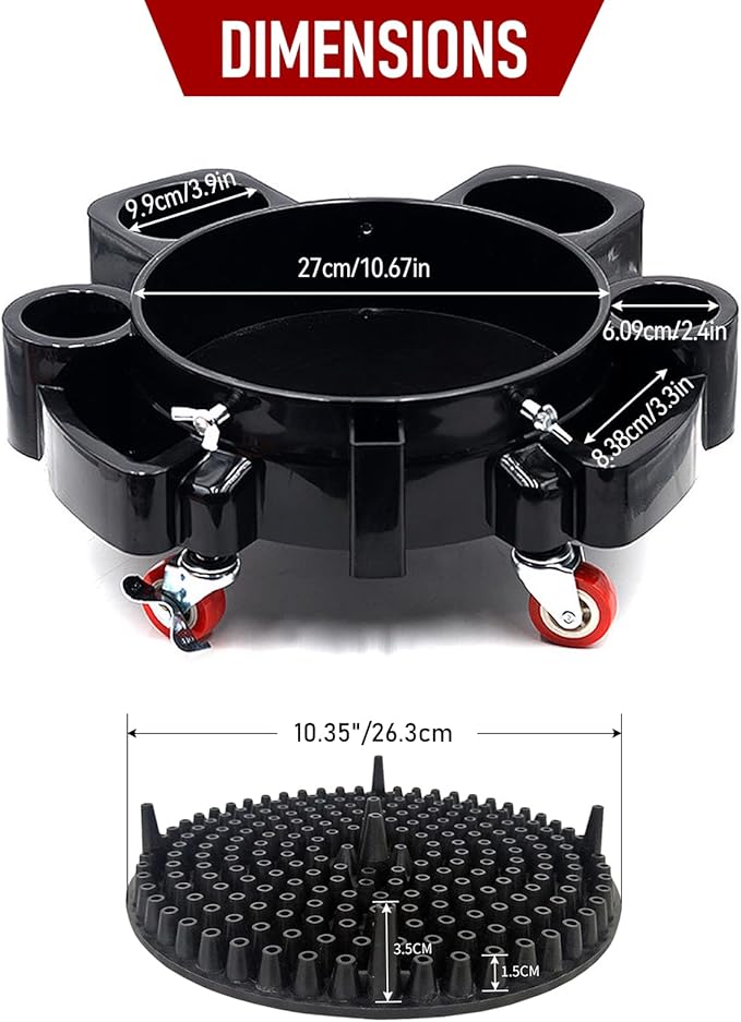 Bucket Dolly w/Grit Trap,5 Gallon Car Wash Bucket Roller with 5 Rolling Swivel Casters,Heavy Duty Rolling Bucket Dolly Removable Bucket Mover for Car Washing Detailing Smoother Maneuvering (Black)