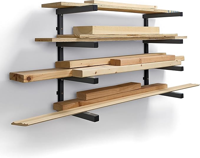 Bora 4-Level Lumber Storage Rack Wood and Garage Organization Space-Saving Metal Shelf for Pipes, Boards, Plywood, and Building Materials - PBR-004B Black Gray