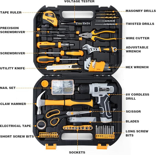 SOARFLY Upgradd 180 Piece Tool Set - Tool Box with 8V Cordless Drill, Hand Drill Set for Men & Women, Home Tool Kit with Hand Tools for House Repair, DIYers, Homeowners & Handymen
