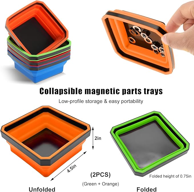 2 PCS Collapsible Magnetic Parts Tray, 4.5 Inch Foldable Magnetic Square Silicone Tray, Tool Tray Set with Double-Sided Magnetic Base for Screw Bolts Nuts Pins, Car Accessories (Green+Orange)