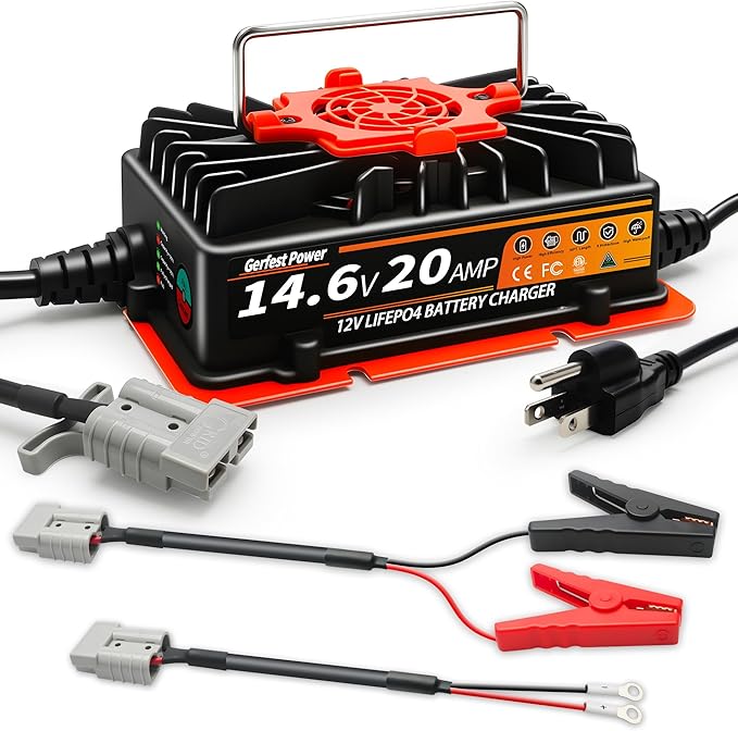 12V 20A LiFePO4 Battery Charger 【Smart, Waterproof, Temperature Control, 2 Universal Connectors】 14.6V Lithium Battery Charger for RV, Marine, Solar, Off-Grid, Home Deep Cycle Battery