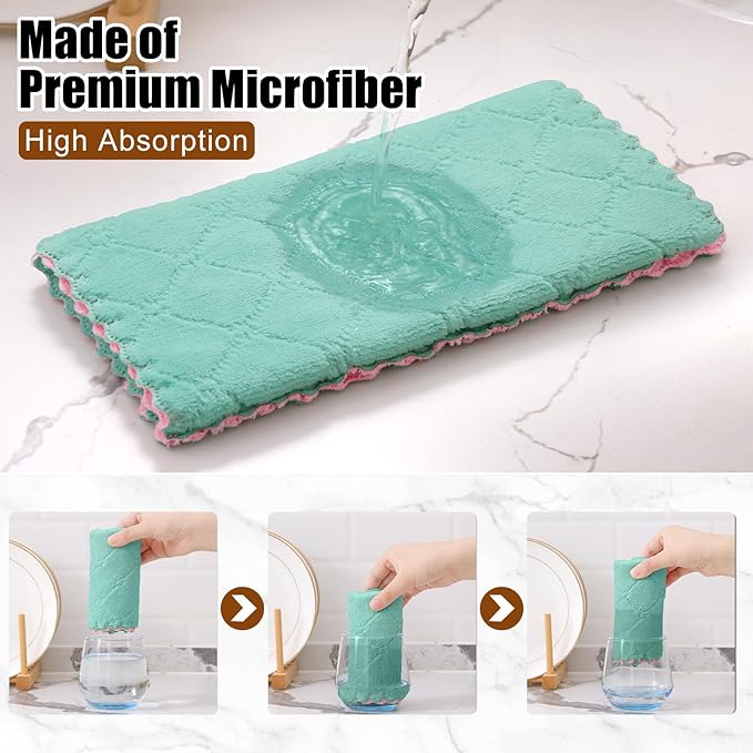 Mordimy 24 Pack Kitchen Towels (20" x 10", Green & Pink), Super Soft and Absorbent Dish Towels, Coral Velvet Microfiber Cleaning Cloth, Nonstick Oil Fast Dry Dish Cloths