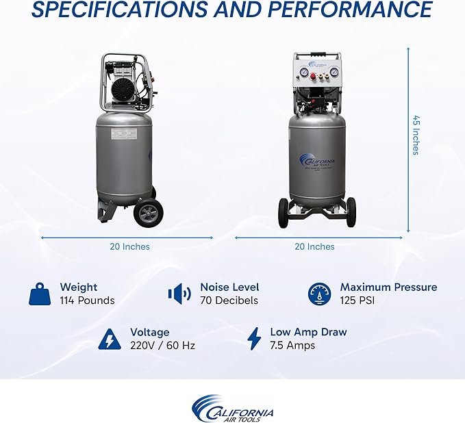 California Air Tools 20020-22060 2.0 HP Ultra Quiet and Oil-Free Air Compressor with Wheels, 20 Gallon Tank Capacity, 70 dB Noise Level, Electric, Portable, 220 Volts / 60hz