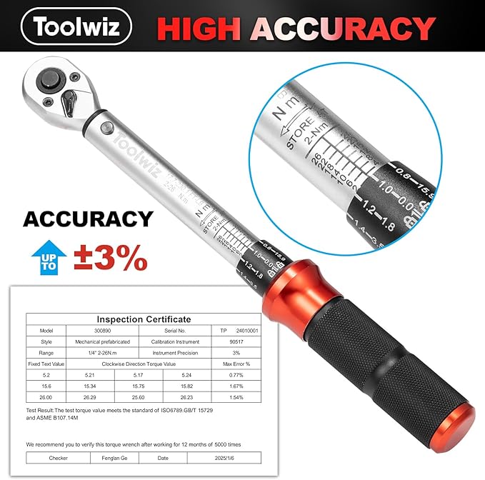 Toolwiz Bike Torque Wrench Set 1/4-Inch Drive 17.7-230.1 In-Lb/ 2-26 Nm 15 Pieces Torque Wrenches Tool Kit 72 Tooth Dual-Direction Click Type for Bicycle, MTB, Car Repair, Home Maintance
