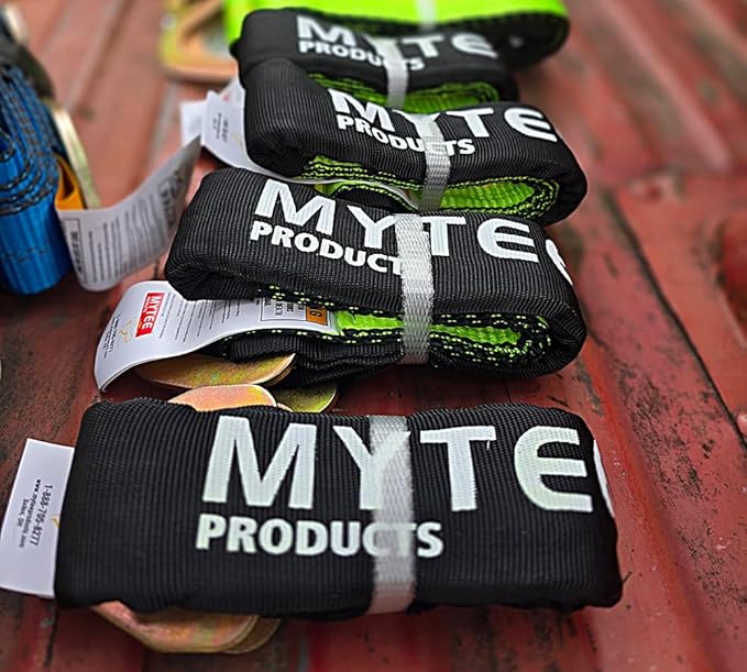 Mytee Products 2" x 36" Heavy Duty Green Tie Down Axle Straps with Magnetic D-Ring and 12" Protective Sleeve, 10,000LBS Capacity - for Car Trailer Hauler Tow Truck Wrecker Wheel Tie Down Strap