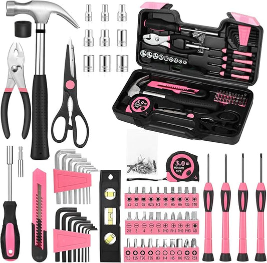 144-Piece Pink Tool Kit Basic Home Repair Tool Set General Household Hand Tool Kit Small Tool Kit with Plastic Toolbox basic home tool kit for Women, Office & College Repairs