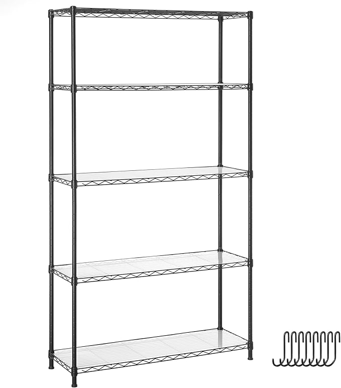 SONGMICS 5-Tier Storage Shelves, Wire Shelving Unit, Kitchen Metal Shelves, Storage Rack with Adjustable Shelves, Shelf Liners, 8 Hooks, for Garage, 11.8 x 35.4 x 63 Inches, Black ULGR095B01