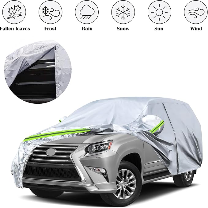Waterproof Car Covers Replace for 2003-2025 Lexus GX 460 470, 6 Layers Silver All Weather Custom-fit Car Cover with Zipper Door & Windproof Bands for Snow Rain Dust Hail Protection