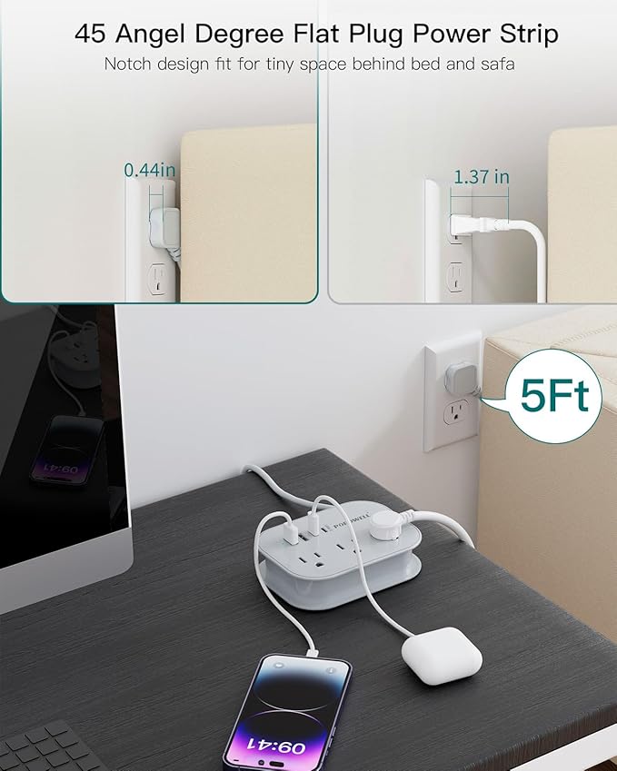 Flat Plug Power Strip- USB Travel Power Strip, 3 Outlets and 4 USB Ports(2 USBC) Desktop Charging Station, 5 Ft Wrapped Extension Cord, Non-Surge Protector for Cruise Essentials, Travel, Home, Dorm.