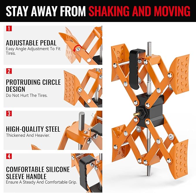 X-Shape Wheel Chocks Stabilizer for RV Travel Trailer Trucks(Allow Drill Adjust), 2 Pack Orange Dual Axel Camper Wheel Chock Stabilizer for Anti-Motion Tire with Portable Bag and Wrench