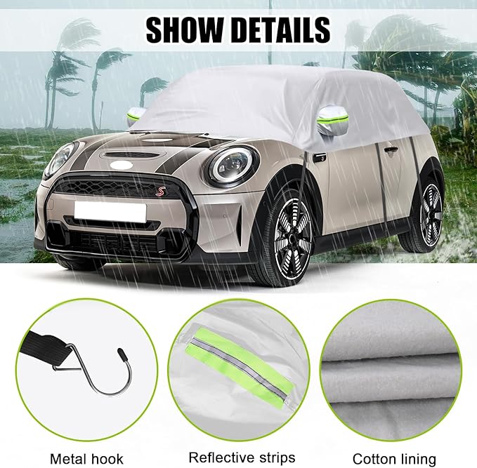 300D Silver Oxford Half Car Cover Compatible with 2000-2024 Mini Cooper/S/Hardtop 2 Dr, Protector Car Body Covers for Windproof Dustproof UV Resistant Protect Your Windshield and Roof