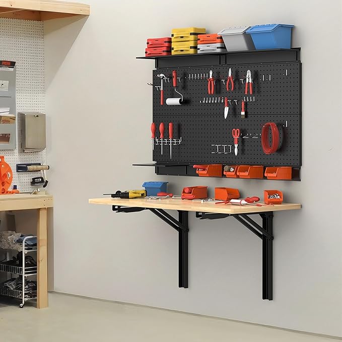 TORACK Heavy Duty Wall Mounted Folding Workbench, Space-Saving Collapsible Wall Table/Desk for Garage Workshop, Holds Up to 550 lbs(Board Size: 32 x 18 in)