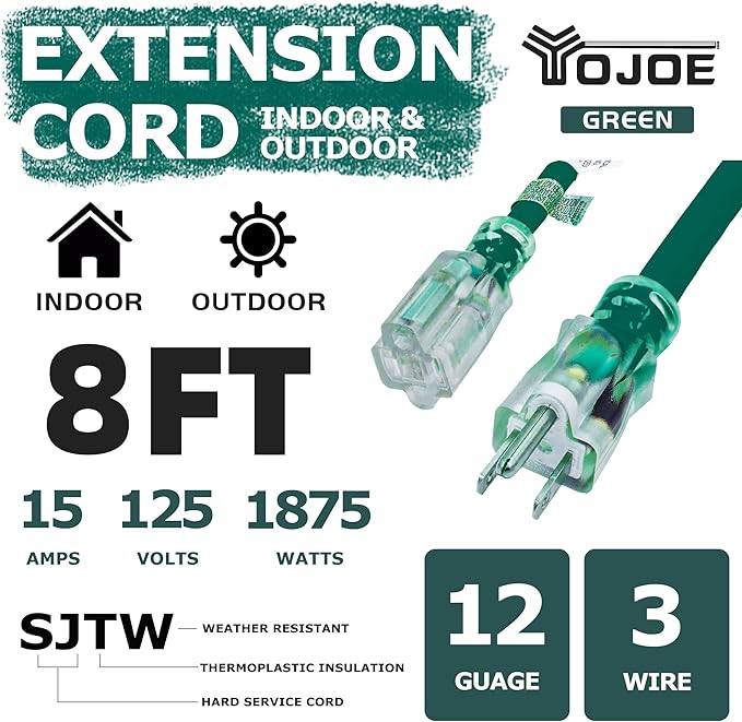 YOJOE Indoor Outdoor Extension Cord with Lighted End, 3 Prong 15A Weatherproof Power Cord, 12 Gauge Heavy Duty 8 ft Green Extension Cord for Garage, Garden and Home, 12/3 SJTW UL Listed