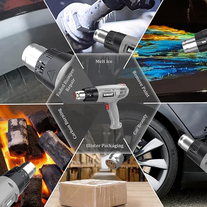 Heat Gun, Variable Temperature Settings 572℉~932℉ (300℃-500℃), Heat Hot Air Gun Overload Protection with 4 Nozzles for Shrinking Wrap, Crafting, Paint Removing, Epoxy Resin (Gray)