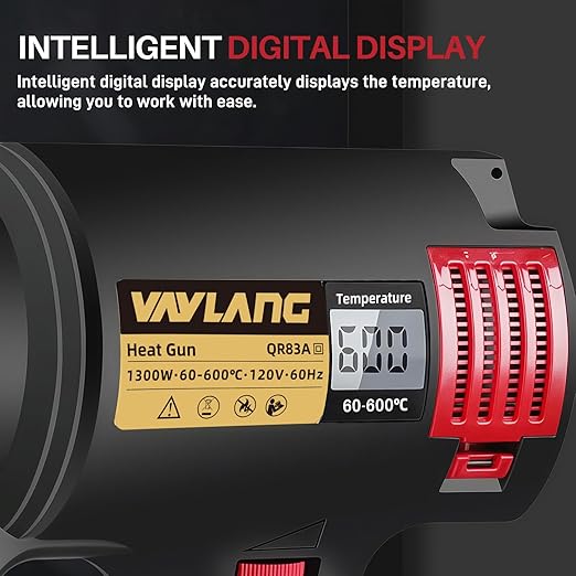 Digital Display Heat Gun 1300W, Variable Temperature 122°F-1202°F/50°C-650°C, 5 Speed & Temp Settings, Overheat Protection with 4 Nozzles for Shrink Wrapping, Electronics, Crafts