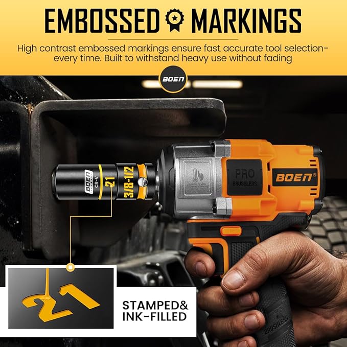BOEN 1/2" Drive Impact Socket Set, 24-Piece Standard SAE (3/8" to 15/16") & Metric (10mm-24mm) Shallow Socket, 6-Point with Yellow Embossed Marking, Includes Adapters, Ratchet Wrench, Extension Bars