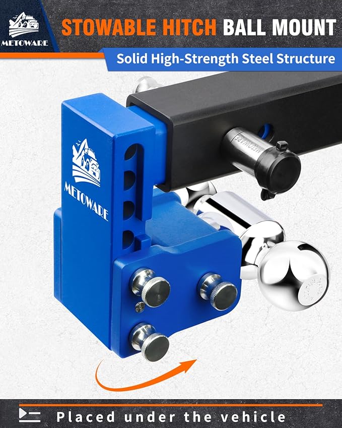 METOWARE Adjustable Trailer Hitches Fits 2 Inch Receiver, Adjustable Ball Mount with 4-Inch Drop/Rise (12,500 LBS GTW), Dual Ball (2" x 2-5/16") and Anti-Theft Stainless Steel Trailer Lock (Blue)