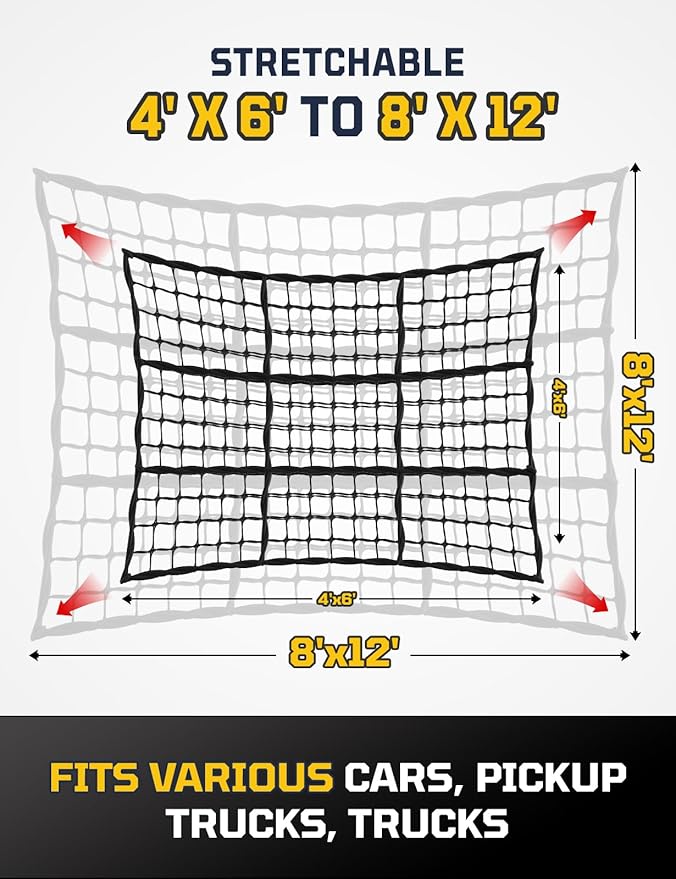 AUTOWN Cargo Net for Pickup Truck Bed - Stretchable 4' x 6' to 8' x 12' with 4" x 4" Mesh, Heavy Duty 10mm Cord Bungee Bed Netting with 12 Metal Carabiners - Ideal for ATV, SUV, UTV and Truck