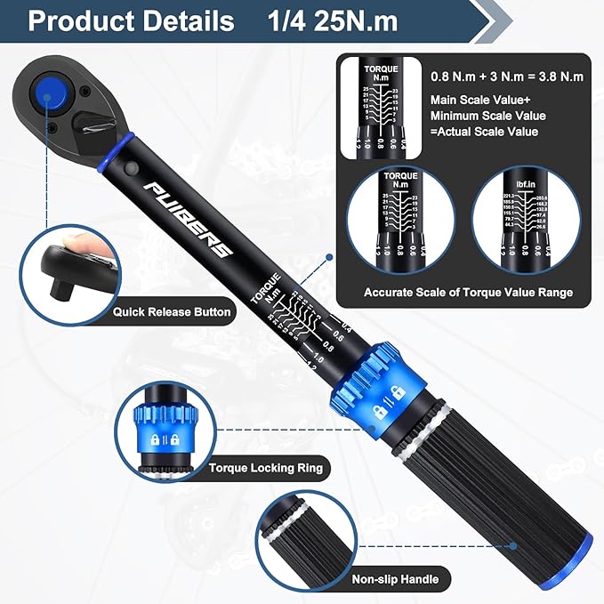 1/4'' Newton Meter Torque Wrench, Bike Torque Wrench 1/4 3-25 NM/22.6-221.3 IN.LB，Dual-Direction Adjustable 72 Tooth Drive Small Torque Wrenches for Bike, Motorcycle and Car Repair