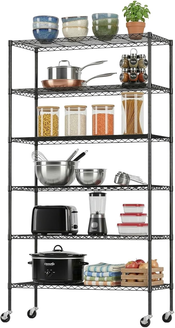 Storage Shelves 2100Lbs Capacity, 6-Shelf on Casters 45" L×18" W×82" H Commercial Wire Shelving Unit Adjustable Layer Metal Rack Strong Steel for Restaurant Garage Pantry Kitchen,Black