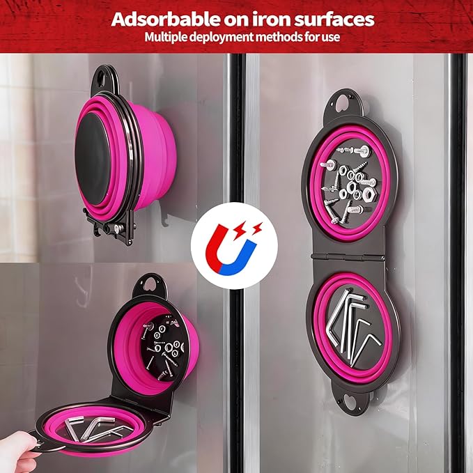 Collapsible Magnetic Parts Tray Set, New Upgraded Version Magnetic Trays, Integrated 5.1" Round Dual Silicone Bowls, Multi-Use Nuts And Bolts Organizer, Bonus Hook for On-the-Go Carry (magenta2.0)