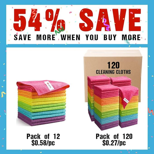 Orighty Microfiber Cleaning Cloth Pack of 120, Microfiber Towels for Cars, Highly Absorbent Car Cleaning Supplies, Lint Free Cloths Clean Rags for Car Care, House, Kitchen, 12x12 inch