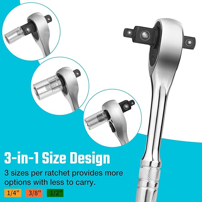 DURATECH 3-IN-1 Ratchet Handle, 1/4 ", 3/8 ", 1/2" Drive Ratchet Wrench, 72-Tooth, Reversible Switch, Full-Polished Chrome Plating, Alloy Steel