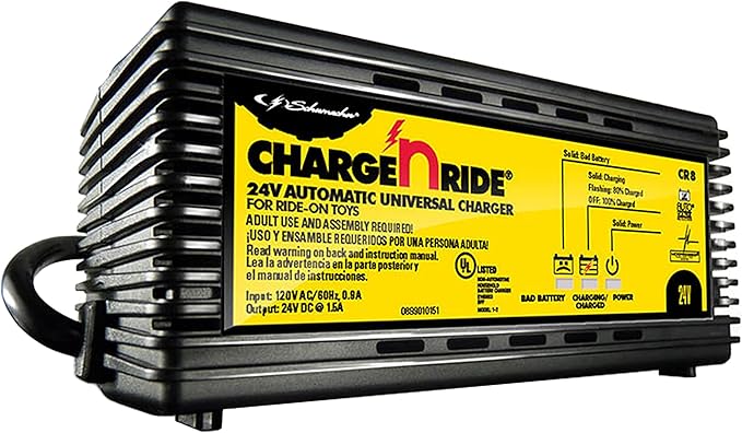 Schumacher Electric 24 Volt Universal Battery Charger for Ride on Toys - Charge 'N Ride CR8-1.5 Amp, Fully Automatic - Compatible with Dynacraft and Razor