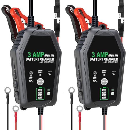 2 Pack 3 AMP Battery Charger - 6V/12V Smart Automotive Battery Charger, Fully Automatic and Maintainer Trickle Charger for Car, Motorcycle, Boat, Lead-Acid, Lithium, LiFePo4 Battery
