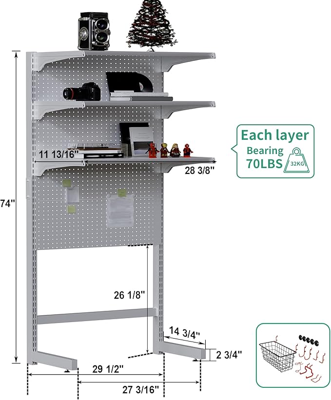 JWX DDB Standing Pegboard Shelf Unit, 30'' White Home Office shlef cabinets with Metal Pegboard and 15 Pieces Organizer Tool Holders