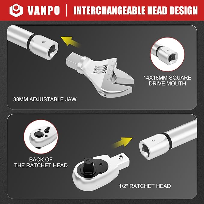 VANPO Adjustable Digital Torque Wrench, 7.4-147.5Ft.lb/10-200Nm, ±2% Accuracy, HVAC Torque Wrench Interchangeable 38mm Jaw & 1/2" Ratchet, Buzzer, Vibration and LED Alert for Split AC, Car