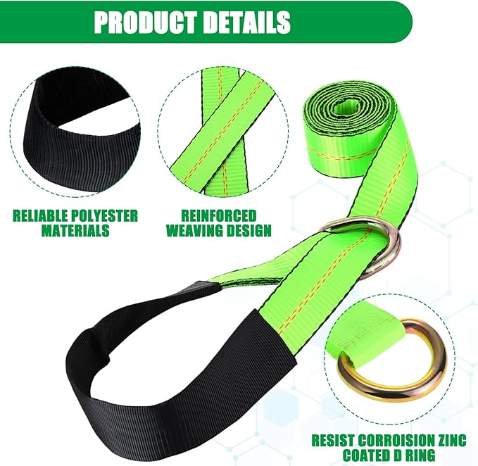 8 Pack Lasso Tow Truck Straps with D Ring 11, 000 Lbs Break Strength D Ring Auto Tie Down Wheel Lift Trailer Strap for Hauling Utv SUV Wrecker Rollback (2" X 8ft,Green)