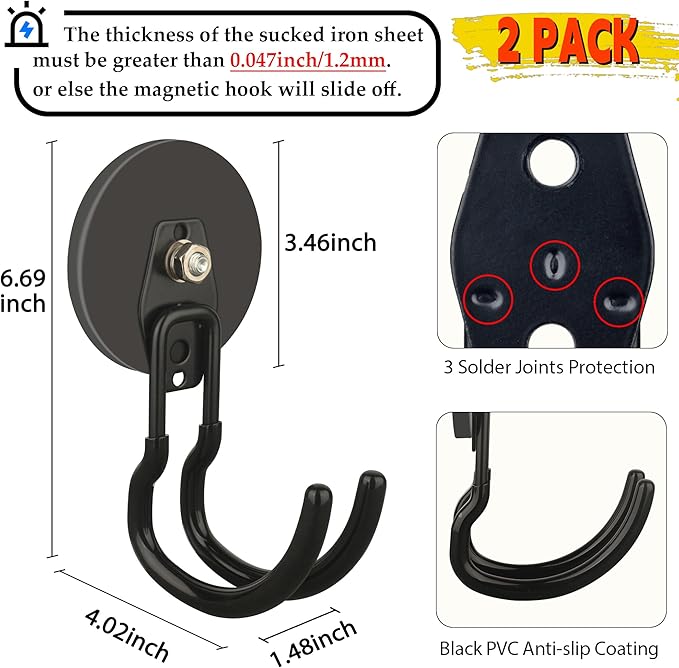 ULIBERMAGNET Upgraded Extra Large Magnetic Hooks,2 Pack Heavy Duty Ultimate Magnetic Hooks for Metal Cabinet,Pegboard,Garage Shelve,Tool Shed,RV,Shipping Containers (Black/3.46inch)