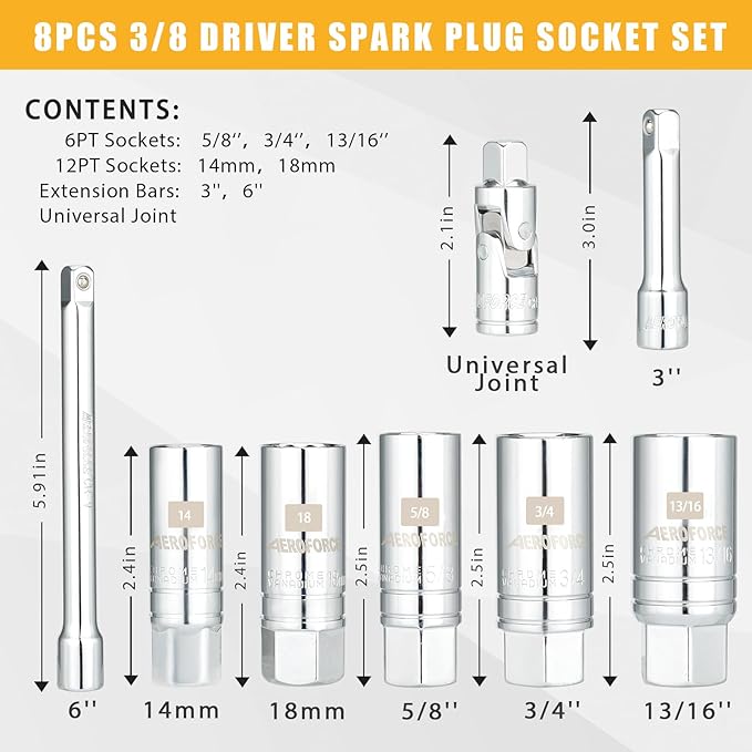 AEROFORCE 3/8-Inch Drive Spark Plug Socket Set 8PCS - Includes 6 Point Sockets 5/8-inch, 3/4-inch and 13/16-inch, 12 Point Sockets 14mm&18mm, 2 Extension Bars,Universal Joint