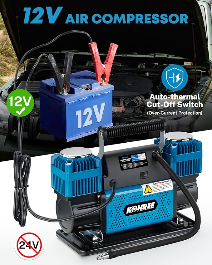 Kohree 12V Dual Cylinder Air Compressor, 12.35 ft³/Min Fast Tire Inflator, Portable Heavy Duty Tire Pump with Max 150 PSI for Offroad Truck, RV, 4x4 Vehicles