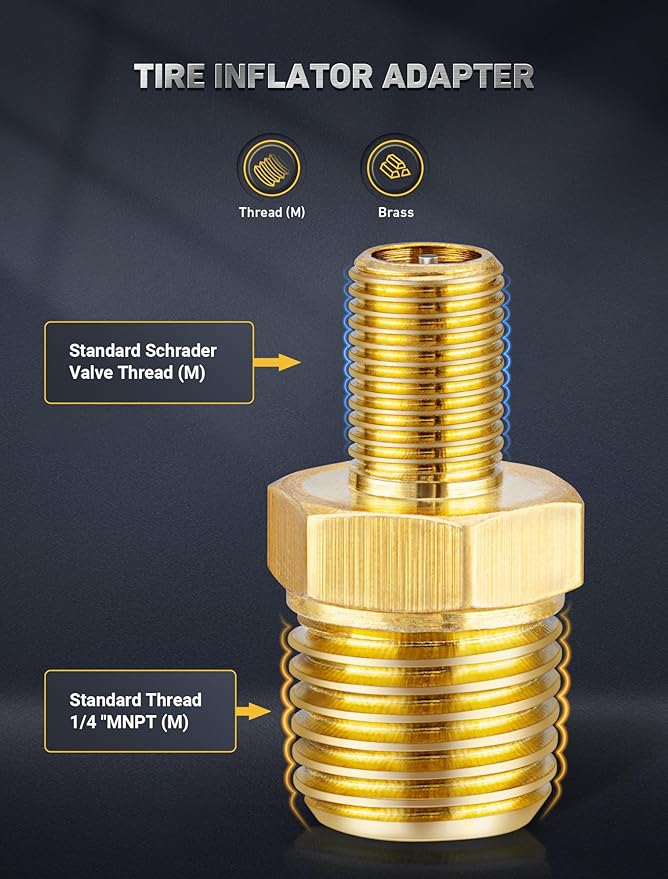 EVOULTES Brass Air Inflator Adapter w/Valve Stem Inside, 1/4" NPT (M) to Standard Schrader Valve (M), Tire Inflator Connector for Auto Portable Air Compressor/Pump, Air Hose, Air Chuck (2 Packs)