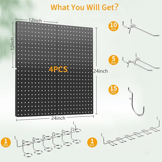 Peg Board, 4 Pack Metal Pegboard Kit,Black Pegboard Wall Organizer with 32 Pcs Hooks, Peg Board for Walls Home, Garage Tool Storage, Office Organization, Kitchen, Craft Room
