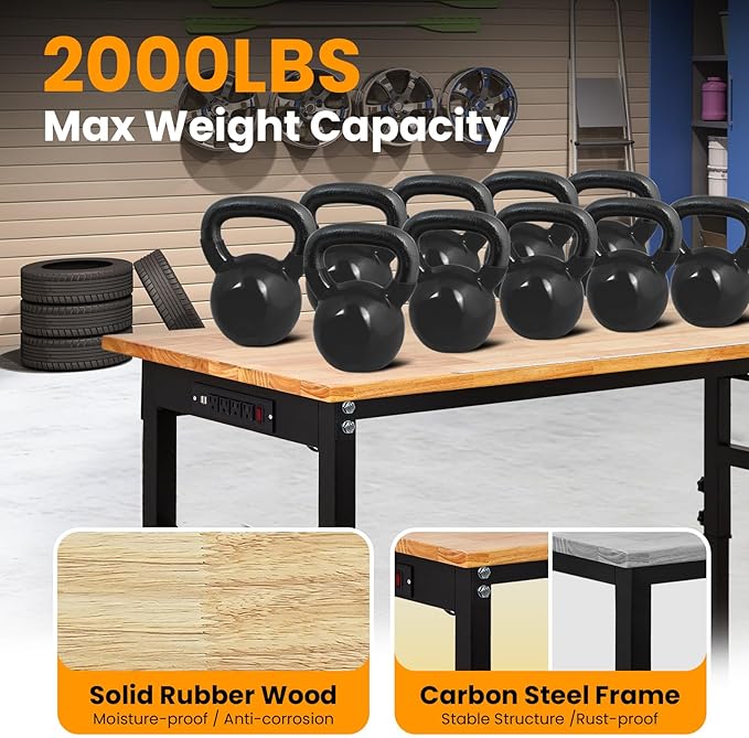 60" x 24" Heavy Duty Workbench with ETL Power Outlet, 8-Level Height Adjustment (29.5"-39.4"), Rubberwood Top with 2000 Lbs Capacity, for Garage/Workshop/Home Office, Metal Casters & Pegboard