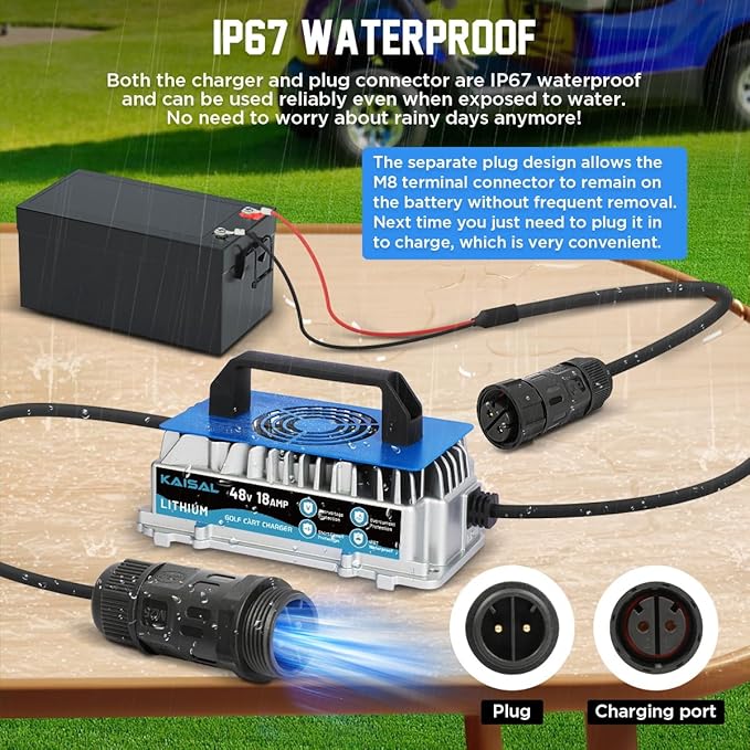 Lithium Battery Charger 48 Volt/58.4V 18A for 48V (51.2V) LiFePO4 Battery 1250W Lifepo4 Battery Charger 48 Volt, IP67 Waterproof, for Golf Cart, Forklift, Electric Outboard, Boat, Solar, RV, Off-Grid