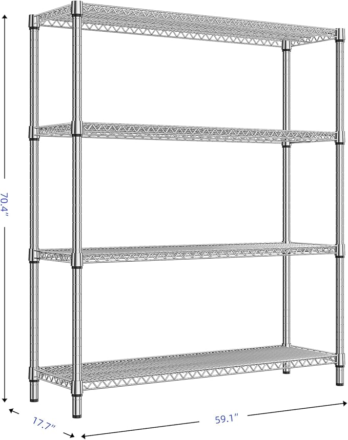 M MZG 2800 LBS 59" W 4 Tier Storage Shelves Rack Metal Wire Shelving Unit, Storage Standing Shelf Organizer for Laundry Bathroom Kitchen Pantry Garage Utility Room, Chrome 17.7" D x 59.1" W x 70.4" H