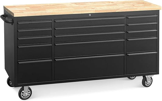 72-Inch Steel Rolling Tool Box with 15 Drawers, Heavy-Duty Mobile Garage Workbench, Lockable Large Tool Chest Storage Cabinet with Wheels for Workshop, Matte Black Finish