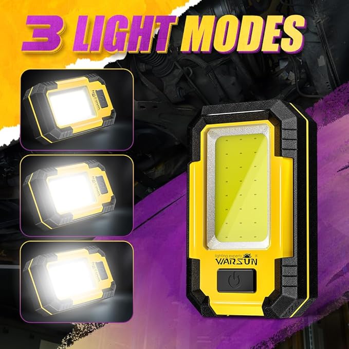 WARSUN 2 PC Portable LED Rechargeable Work Light,Magnetic Base & Hanging Hook, 30W 1200Lumens Super Bright, 5000K, for Car Repairing,Camping,Hiking,Backpacking,Fishing,Hurricane, Yellow